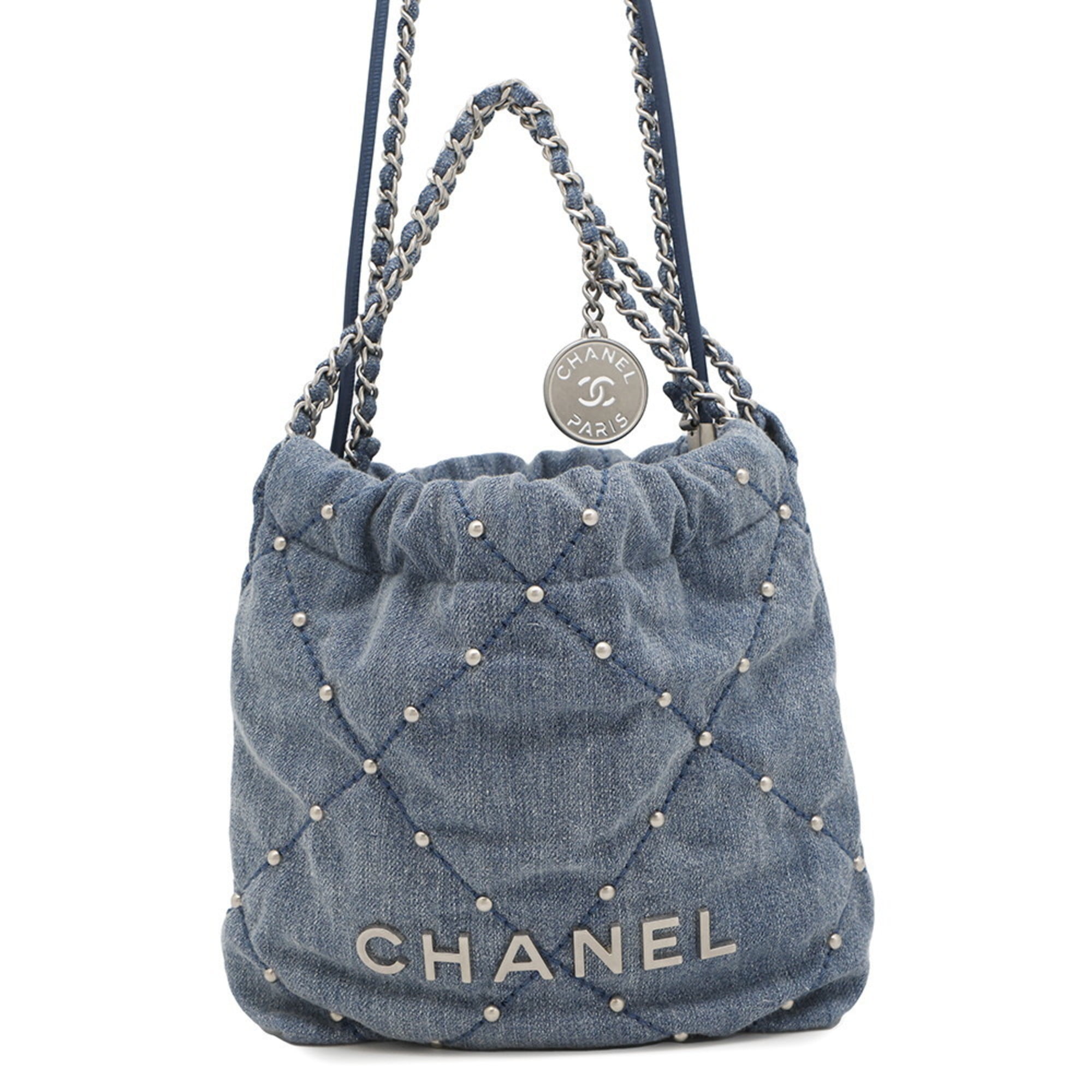 Pre-Owned CHANEL 22 Mini Coco Mark Denim Handbag AS3980 2-way