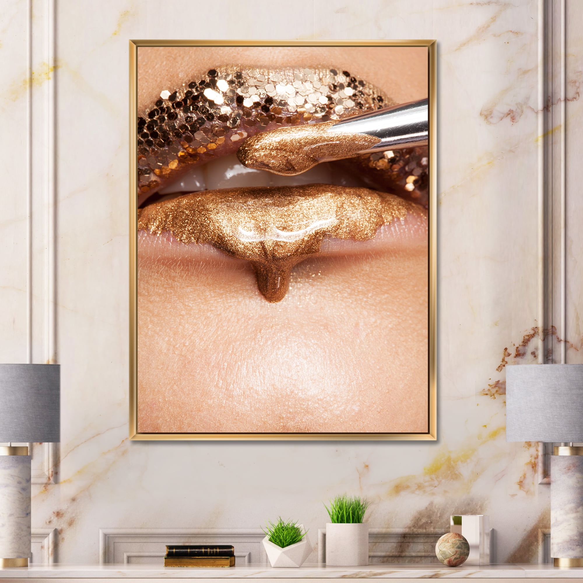 Lipstick and Makeup On The Face Of A Beautiful Model 12 in x 20 in Framed Photography Canvas Art Print, by Designart