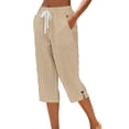 thumbnail image 3 of Women's Cotton Loose Straight Pants with Pockets, Mid Elastic Waist Drawstring, Side Slits Buttoned, Casual Business Beach Lounge Capri Pants | VerBelle,Khaki S, 3 of 6