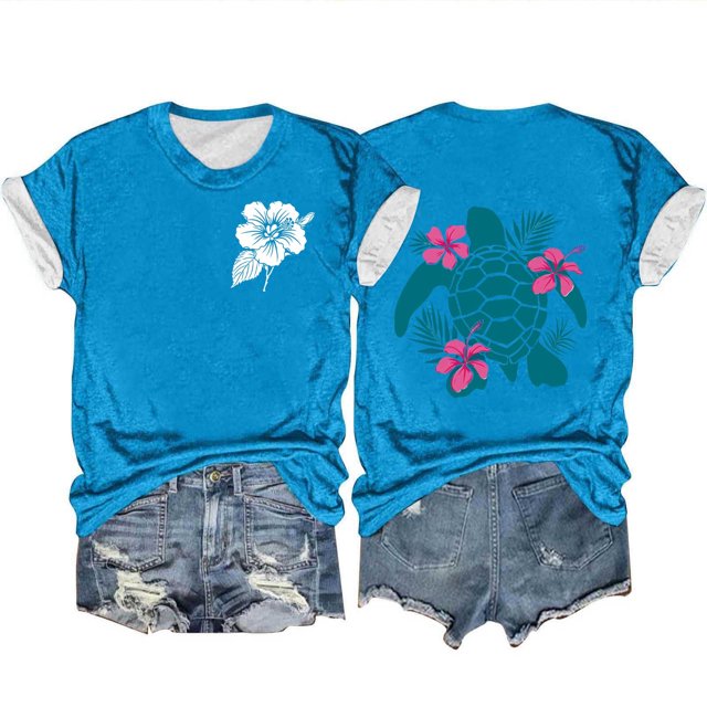 Mujeres Océano Impresión Casual Top, Manga Corta Cuello Redondo Blusa para la Primavera Y el Verano de Uso, Camiseta de Moda, Toda la Temporada de la Fiesta