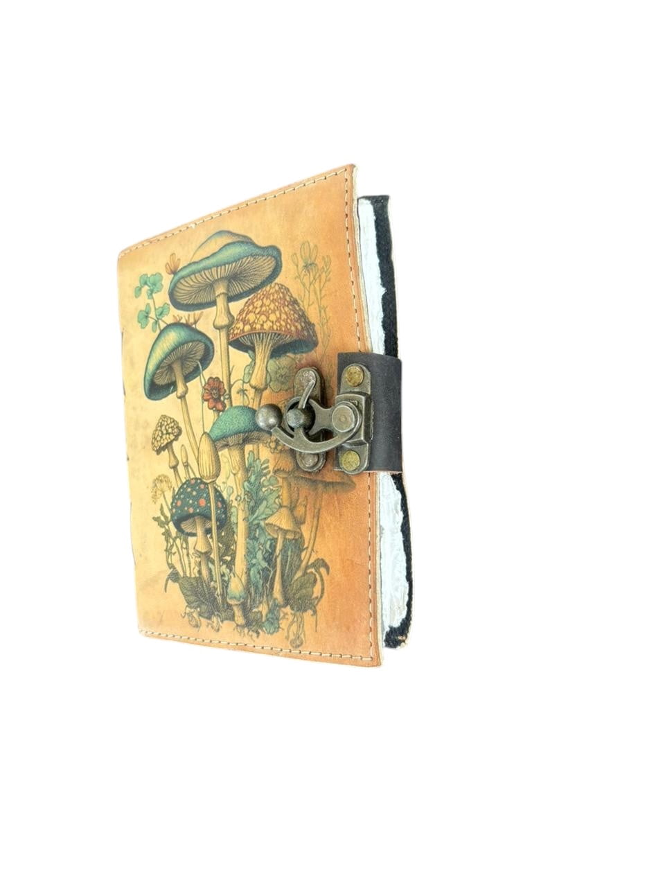 Handmade Leather Journal with Lock – Mushroom Art Cover, White Deckle Edge Drawing Paper, Vintage Aesthetic Notebook, Lightweight Diary