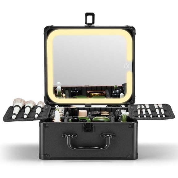 OMIRO Travel Makeup Train Case with Detachable Lighted Mirror, Cosmetic Organizer Box with Brush Holders & Adjustable Dividers, Black