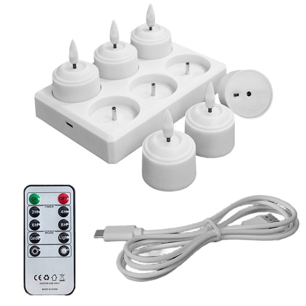 6 Velas de Té Sin Llama con Base de Carga y Control Remoto, Velas LED para Halloween y Aniversario.