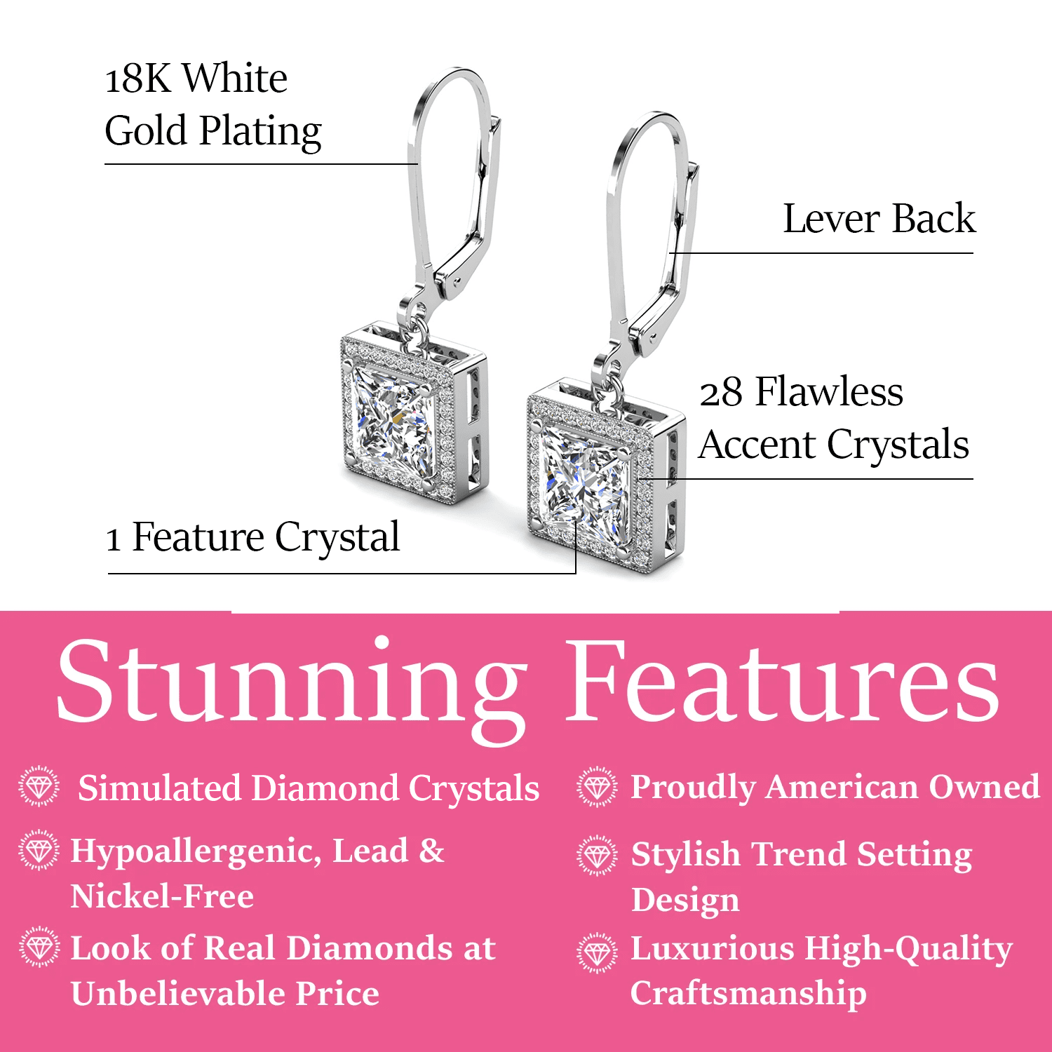 Cate & Chloe Maeve 18k White Gold Plated Drop Dangle Halo Earrings with Simulated Diamonds for Women