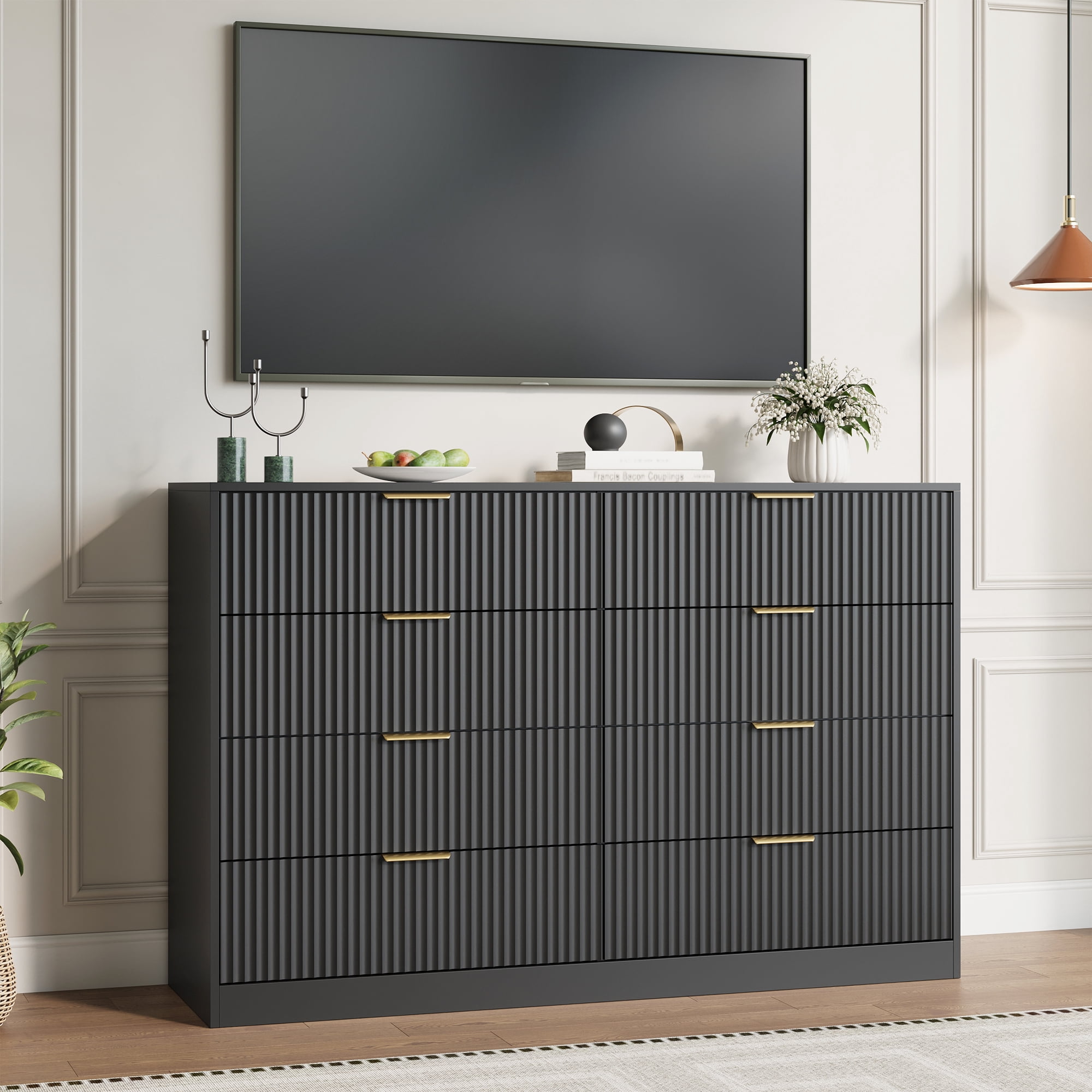 YouTrend Black 8 Drawer Dresser with for Bedroom,Modern Adult Fluted Wood Chest of Drawer with Golden Embedded Handles for Living Room,Hallway