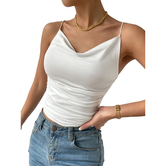 Women'S Silk Satin Camisole Cowl Neck Tank Top Silky Basic Tank Shirt White M