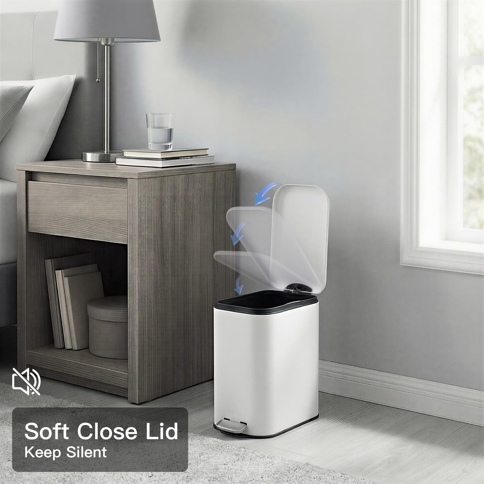 Garvee Small Bathroom Trash Can with Lid Soft Close, 1.3 Gallon, Stainless Steel, White