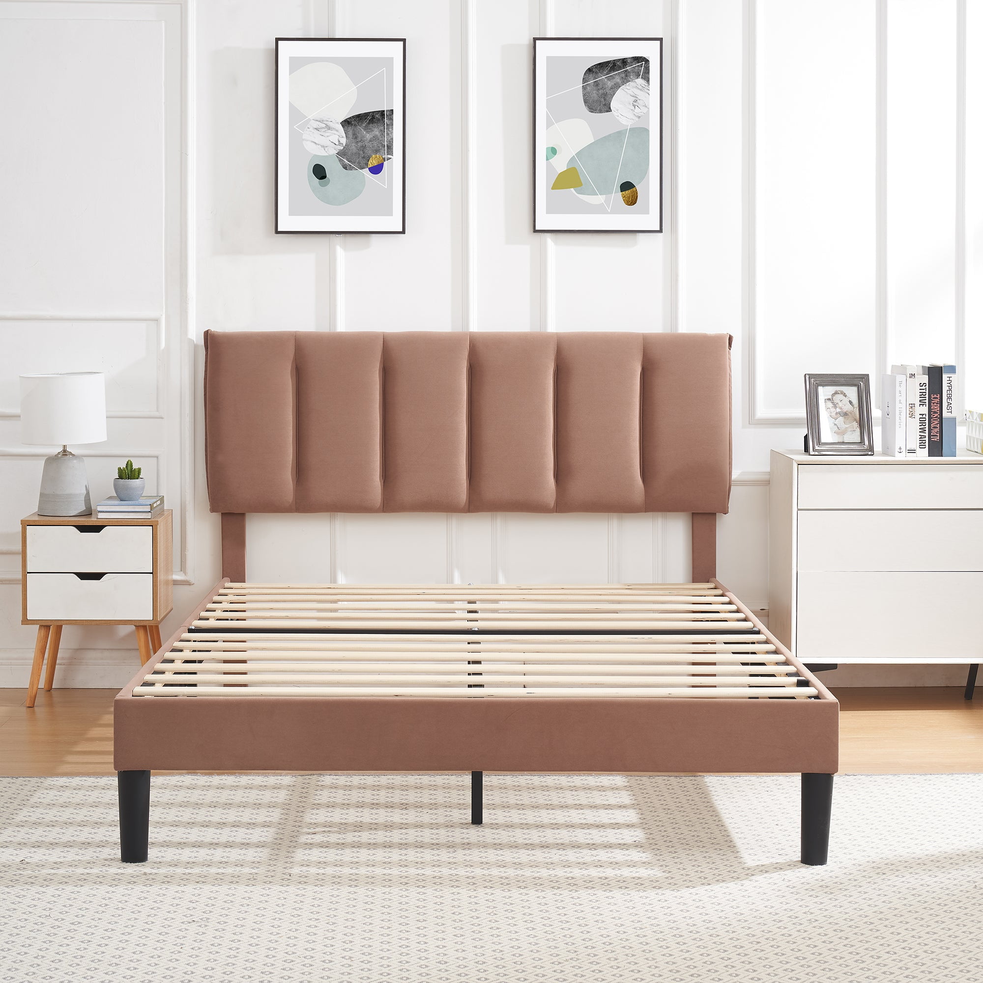VECELO Queen Size Upholstered Platform Bed Frame Adjustable