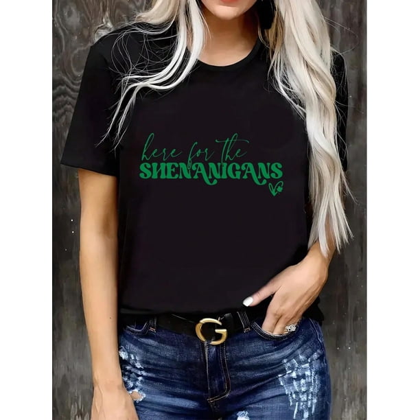 Camiseta básica para mujer veranoHere For Shenanigans Print,Funny St Patricks Day Tshirt, Cotton Soft Breathable Comfort-Fit Crew NeCamisetas de verano para mujer, manga corta, cuello redondo, casu