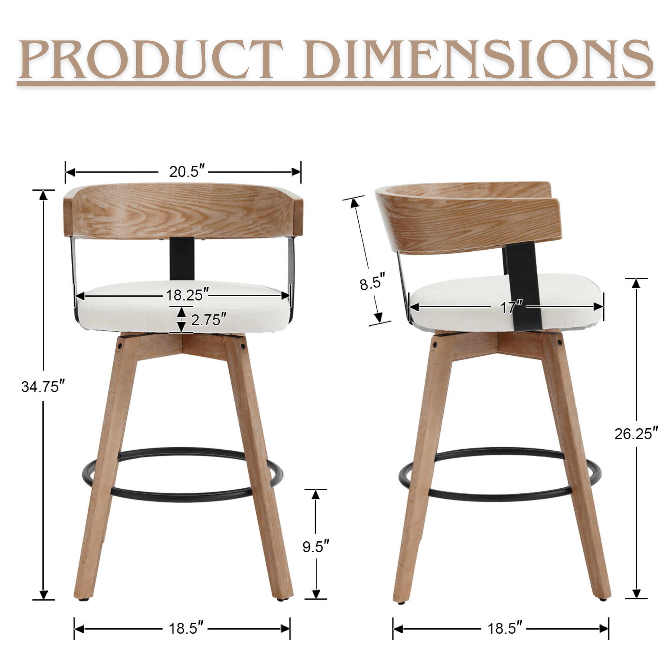 Guyou Modern Linen Upholstered 360-Degree Swivel Bar Stool Set of 2,26" Counter Height with Footrest & Backrest,Ideal for Kitchen Island & Home Bar, White