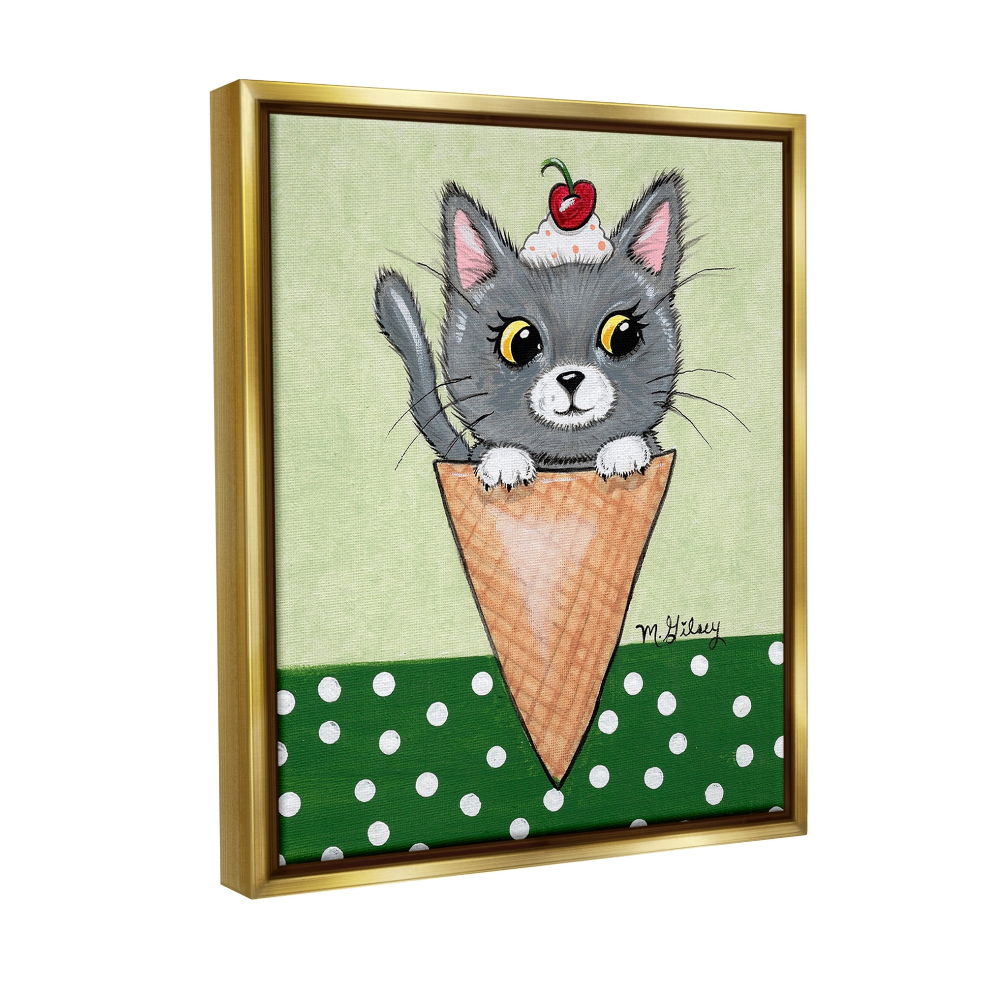Stupell Industries Cat in Ice Cream Cone Animals & Insects Painting Gold Floater Framed Canvas Art Print Wall Art, 25 x 31