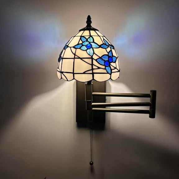 Tiffany Style Sconce Lamp Swing Arm White Stained Glass Blue Flowers LED Bulb Included 13”W*8”D*15”H