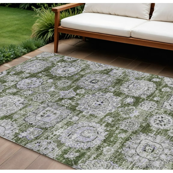 8' X 10' Olive Green And Gray Floral Washable Indoor Outdoor Area Rug