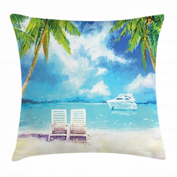 Vintage Boat Throw Pillow Cushion Cover, Exotic Vacation with Palm Trees at Sandy Beach Yacht Loungers Watercolor Art, Decorative Square Accent Pillow Case, 16 X 16 Inches, Multicolor, by Ambesonne