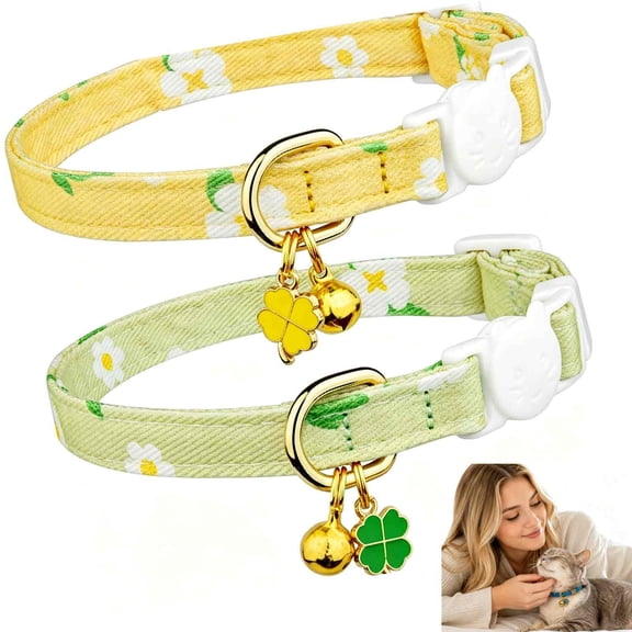 2 Pack Cotton Cat Collars, Breakaway Safety Buckle Pet Collars with Bell & Charm, Adjustable Breathable Cat Necklaces, Comfortable Stylish Collars for Kittens and Adult Cats (F)