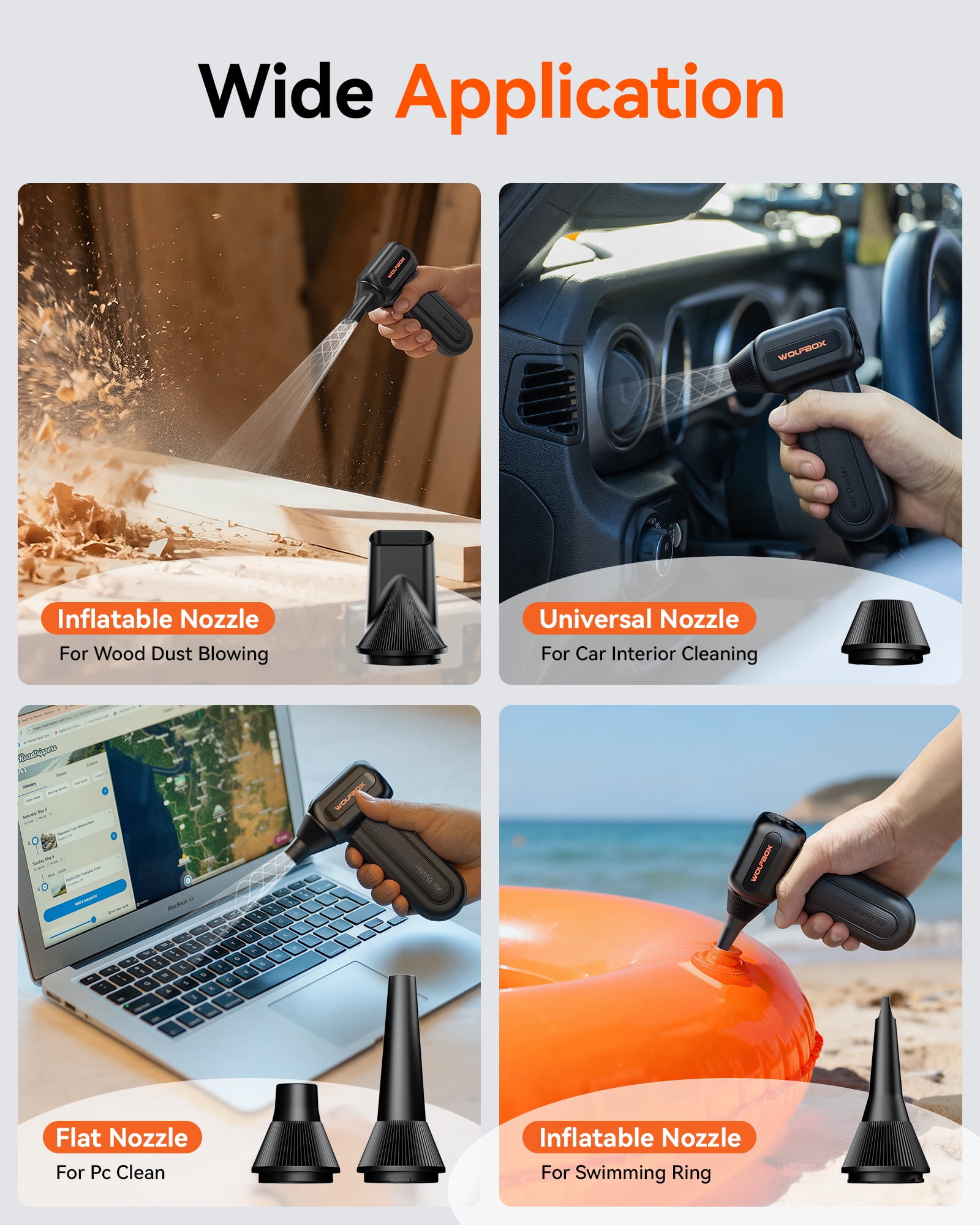 WOLFBOX Compressed Air Duster  MF60  -110000RPM  Super Power Electric Air Duster, 3-Speed Adjustable Cordless Air Blower with Fast Charging for PC Keyboard Cleaning, Car, Home