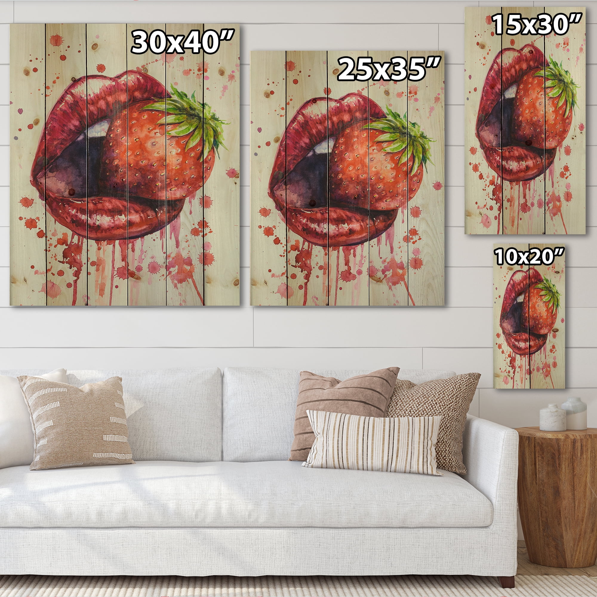Designart 'Red Girl Lips Eating A Strawberry' Modern Print on Natural Pine Wood