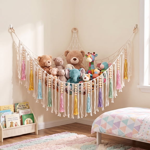 Handwoven Cotton Rope Stuffed Animal Hammock Large Toy Hammock Net Stuffed Animals Organizer Plush Holder for Bedroom Nursery Corner