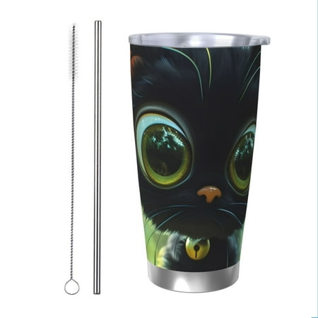 

Zeuib Cute Big-Eyed Black Cat Printed 20oz Stainless Steel Insulated Car Cup Stainless Steel Thermal Cup Vacuum Insulated Leak-proof Travel Mug Cup-Straw Two-piece Set