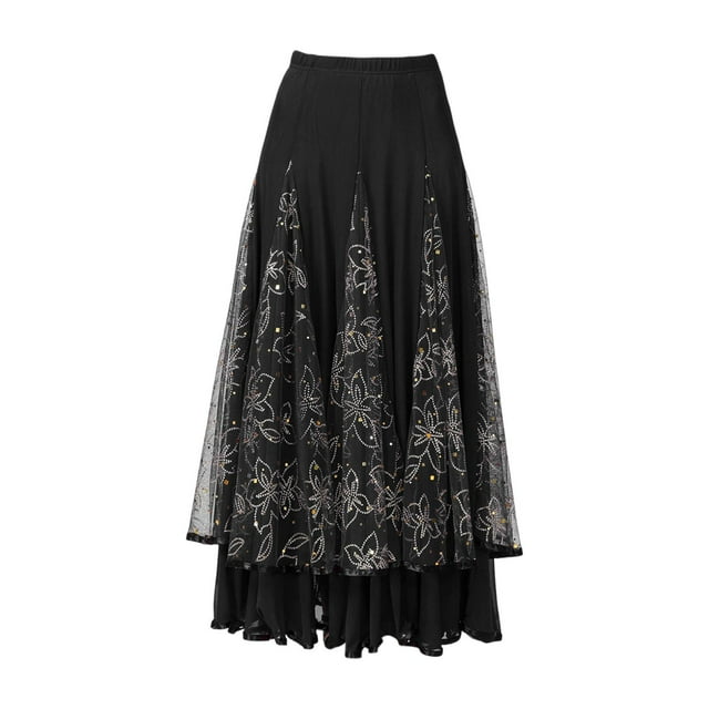 Falda de baile de salón para mujer, falda española, ropa, vestido de fiesta, falda de danza del vientre Talla S Negro