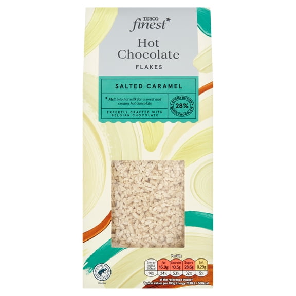 Tesco Finest Belgian Salted Caramel & White Hot Chocolate Flakes 250g, Imported from Britain