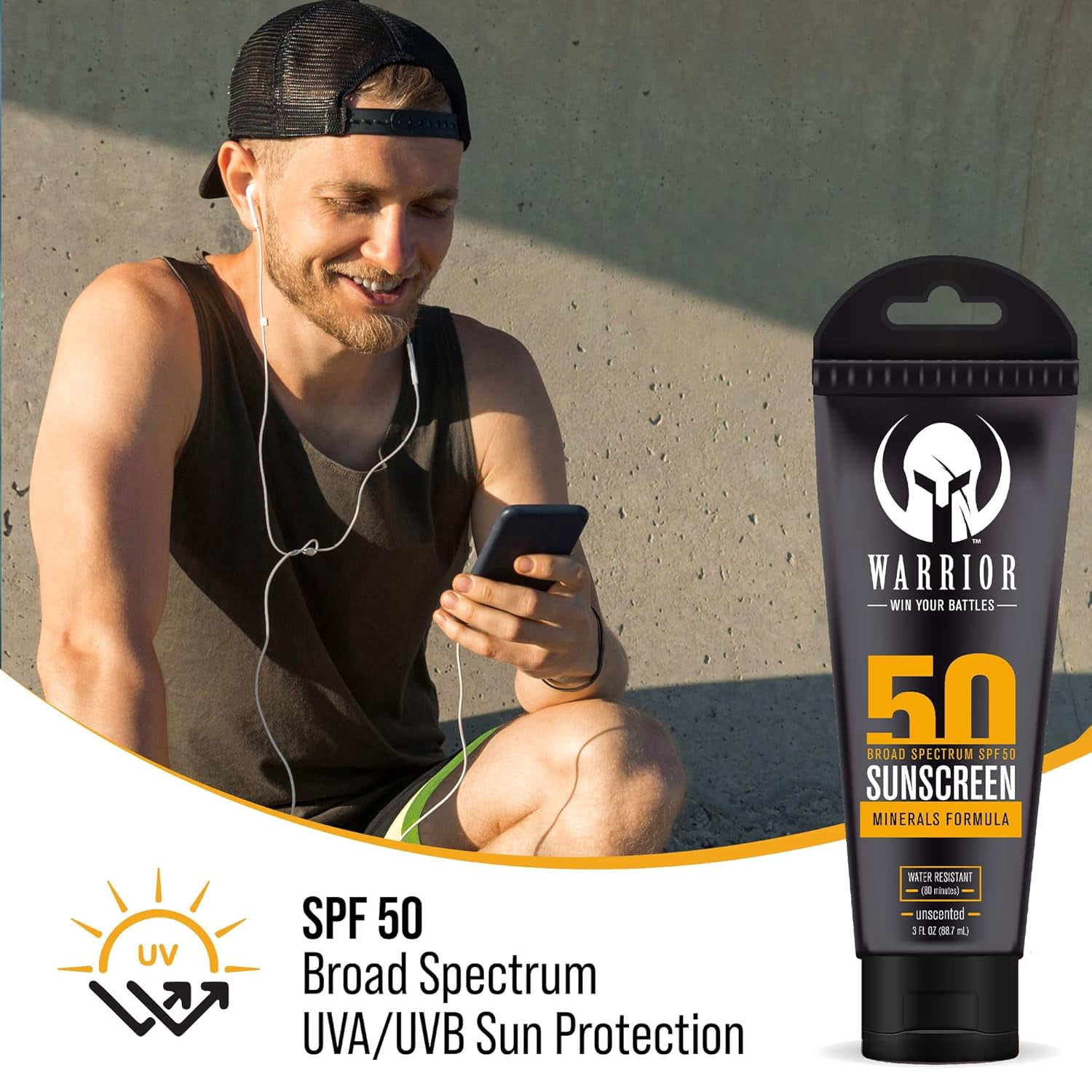 Warrior SPF 50 Sunscreen Lotion - 80 Minutes Water Resistant, Reef Safe, Unscented Lotion – Non-Nao Zinc & Non-NanoTitanium Sunscreen with Mineral Formula - 3 Fl. Oz