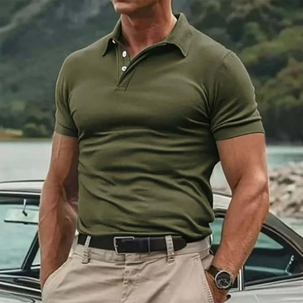 Camisas Elvqul de Hombre Casual Verde del Ejército Manga Corta sin Estampado con Solapa Botones