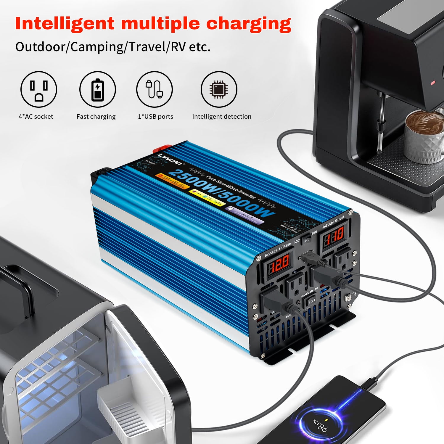 LVYUAN 2500W 5000W Peak Pure Sine Wave Power Inverter 12V DC to 110V AC Converter, 60Hz/50Hz, 4 AC Outlets + USB, LED Display, Remote Control for Car, RV, Camping & Home Backup