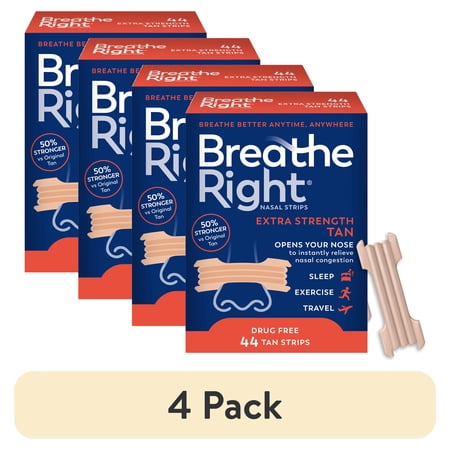 (4 pack) Breathe Right Nasal Strips, Tan Nasal Strips, Extra Strength, 44 Count
