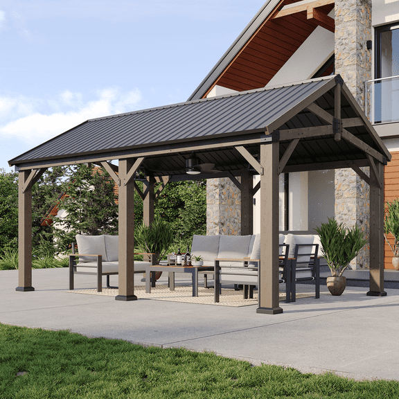 Sunmthink 12' x 16' Outdoor Wood Frame Gazebo, Hardtop Gazebo with Galvanized Steel, Permanent Wooden Pavilion for Patio Backyard Lawn Garden