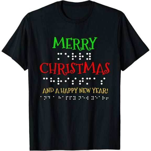 Merry Christmas And A Happy New Year Braille Dots t-shirt T-ShirtMen's and women's gift, black and white T-shirt, size: Extra large S-4XL
