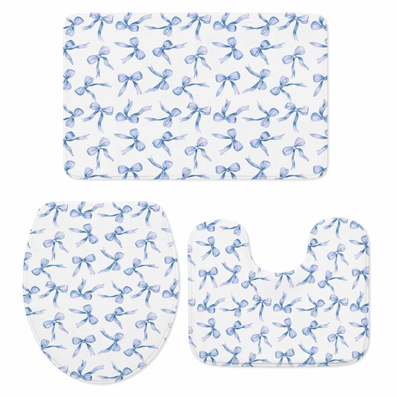 Blue Bow Bathroom Rugs Set Watercolor Bow Non Slip Absorbent Soft Bath Mats 3 Piece Set with Bathroom Rug, U-Shaped Floor Mat, Toilet Seat Cover Small Size