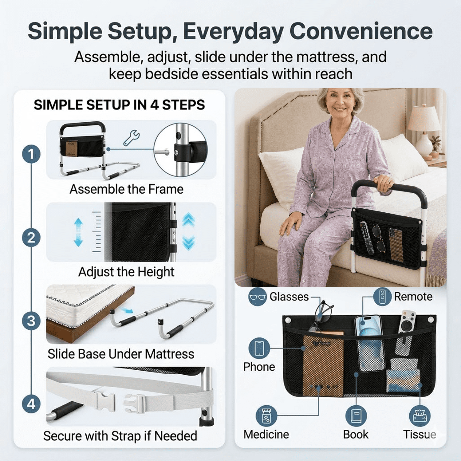 Bed Rails for Elderly Adults, Adjustable Bed Assist Rail for Seniors with Non-Slip Foam Handle, 300 lbs Bedside Safety Rail with Extended Base, Mesh Pocket & Securing Strap for Queen King Twin Beds