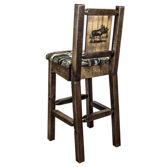 Homestead Collection Barstool w/ Back - Woodland Upholstery, w/ Laser Engraved Moose Design, Stain & Lacquer Finish