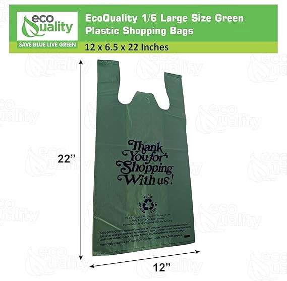 EcoQuality 1/6 Large Size 12x6.5x22 Inch Green Plastic Shopping Bags for Delivery, Retail, Grocery, Restaurant, Takeout, and Convenience Stores (160)