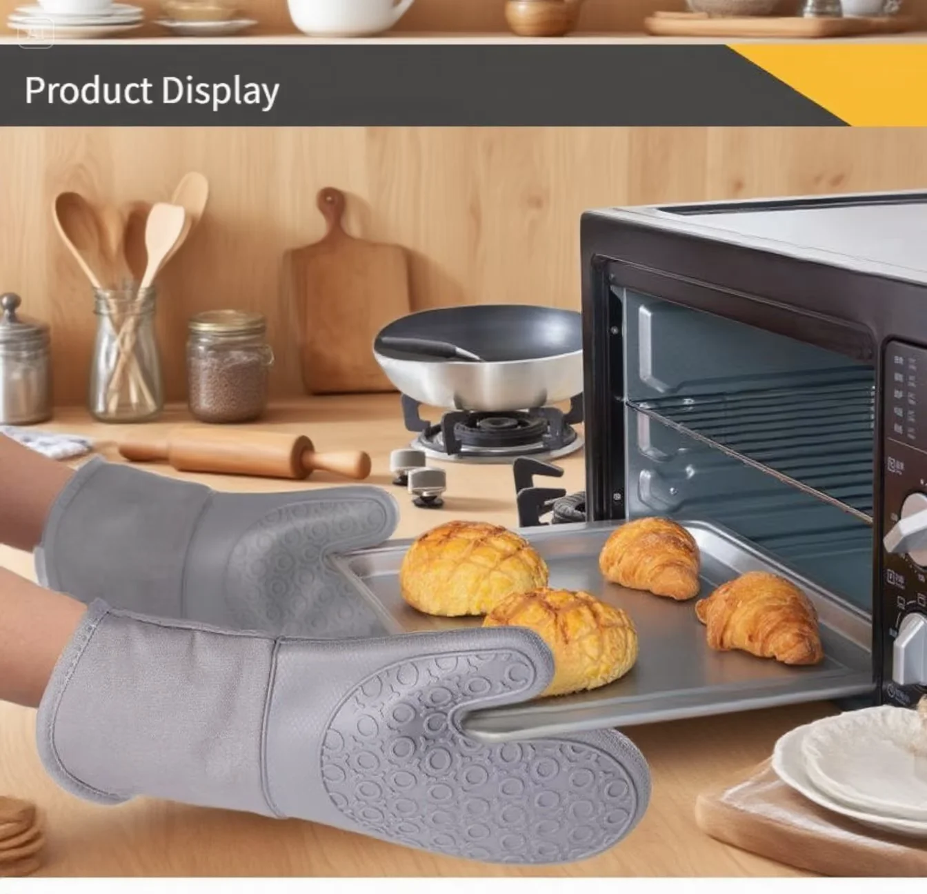 4-Piece Heat Resistant Rubber-Coated Oven Mitts and Pot Holders Set - Non-Slip Kitchen Gloves with Hanging Loop for Baking, Grilling (Geometric/Cloud Design)