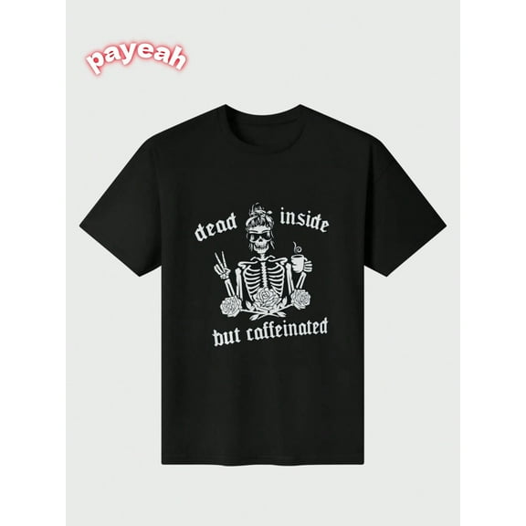 Payeah caffeine skeleton Casual Digital Print pure heavy cotton Womens T-shirts 100% cotton