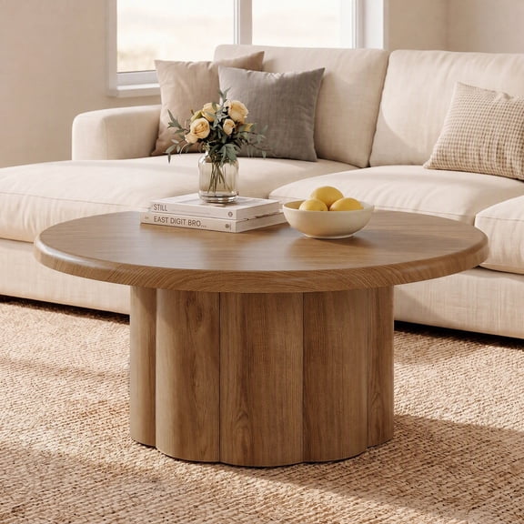 Fnova 31.5" Round Coffee Table, Farmhouse Center Table with Fluted Drum Base, Rustic Brown Wooden Coffee Table for Living Room, Apartment, Small Space