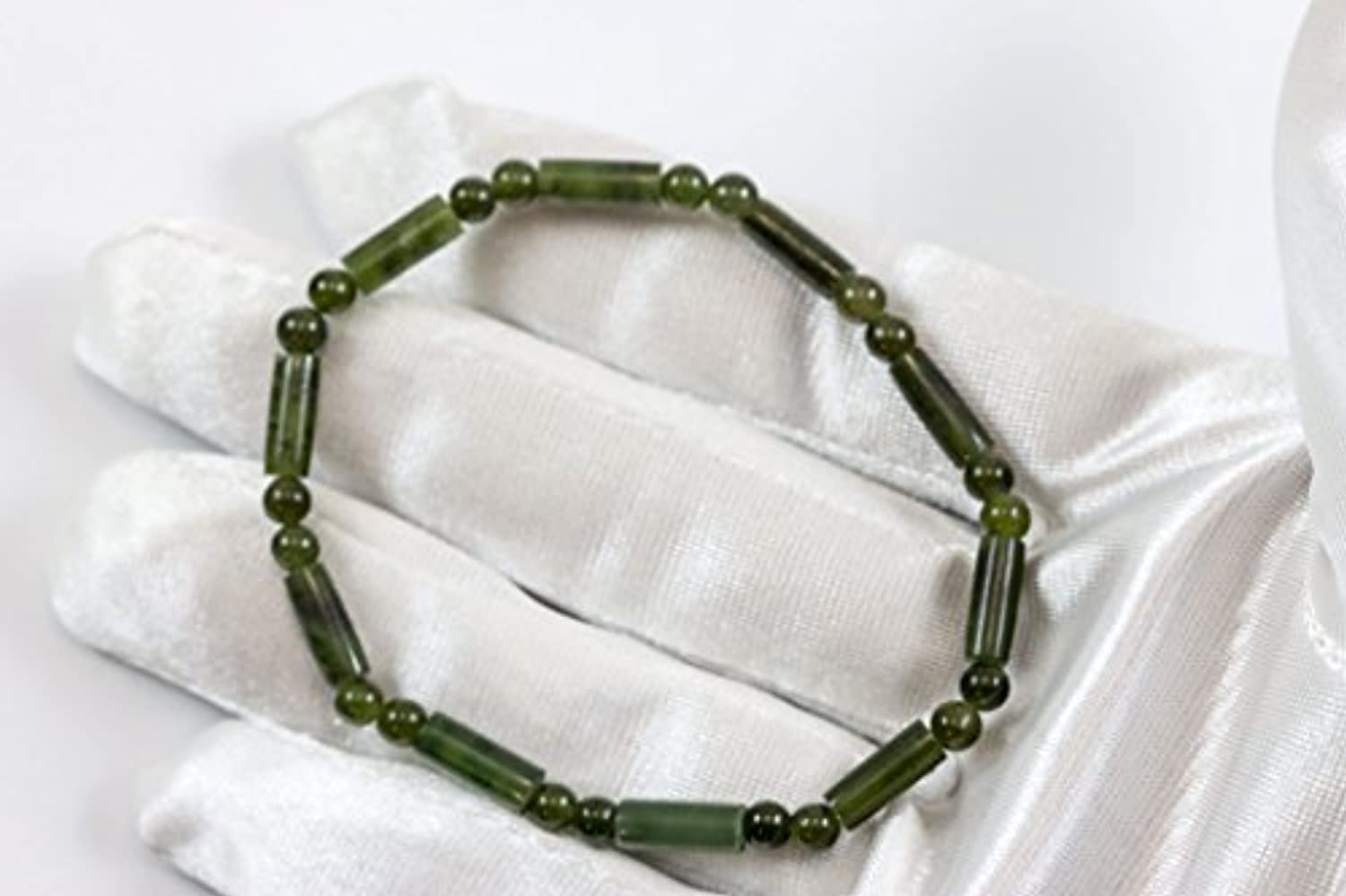 Jade Bracelet Green Nephrite Beaded Smooth Tube Shaped Stones Adjustable Stretch, 7" Designed for Adult Women