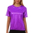 thumbnail image 2 of Rhuody Women's Tops Shiny Glossy Solid Color Turtleneck Short Sleeve Tee Shirt T Shirt Retro Wear Purple S, 2 of 9