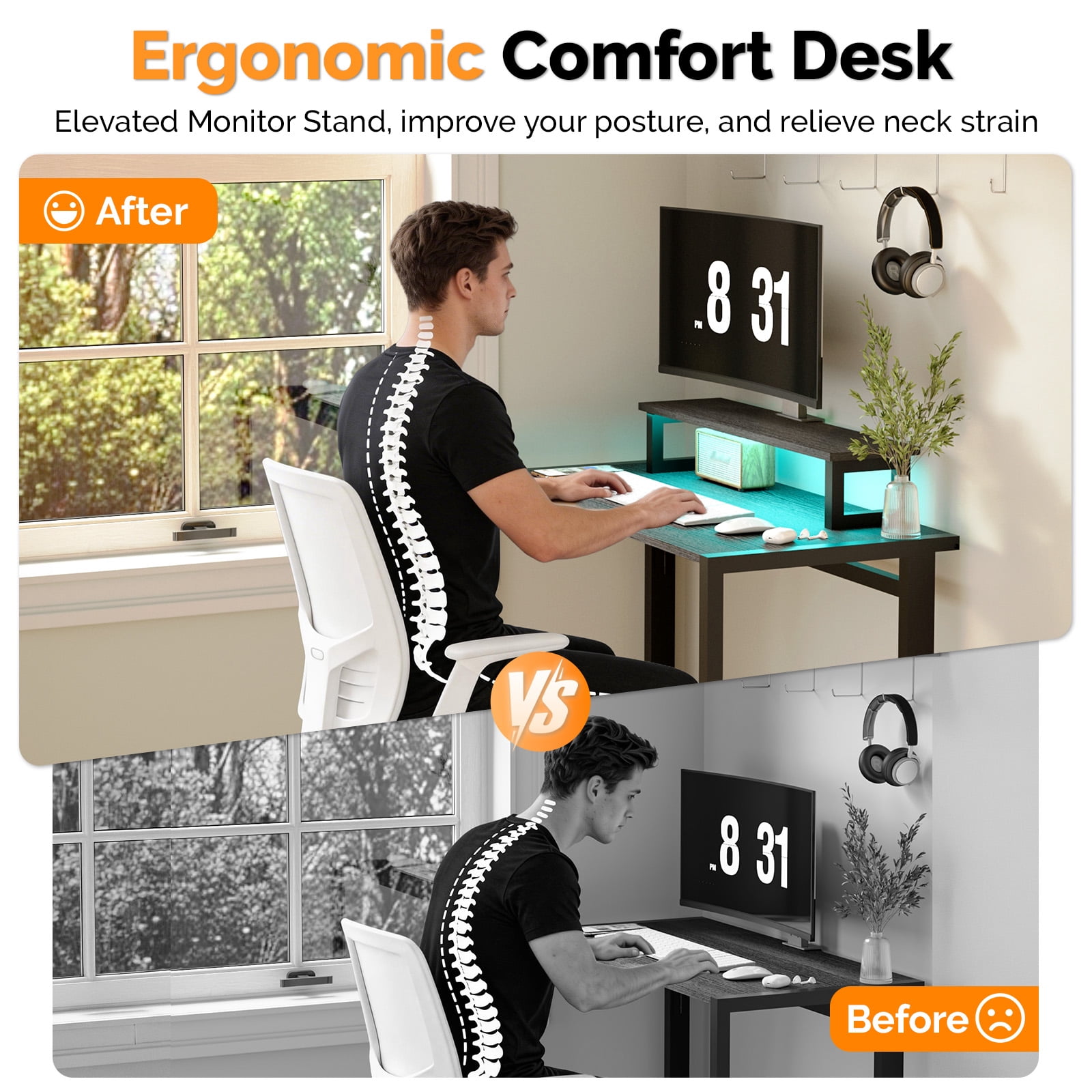 Astoutdoor Gaming Desk with Desktop Shelf and Lighting, Foldable Computer Desk, Black, 31.5 in