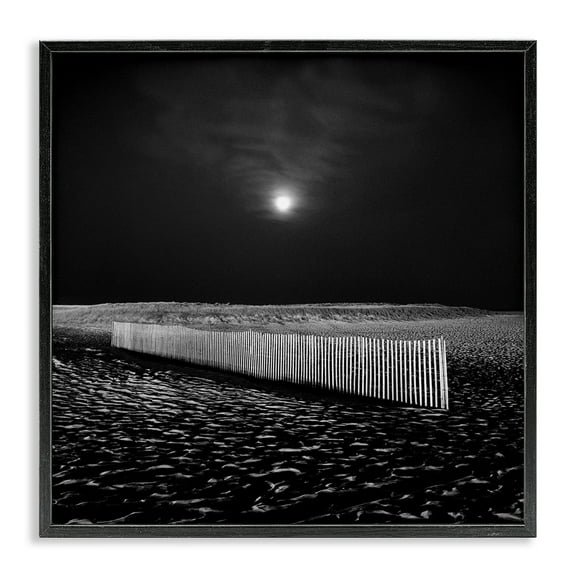 Stupell Industries Beach Fence at Night Coastal Photography Black Framed Art Print Wall Art, 12 x 12