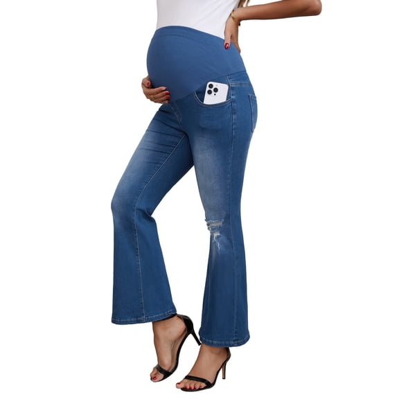 INSPIRE CHIC Women's Maternity Jeans Bootcut Leg Ripped High Stretchy Over the Belly Pregnant Flare Denim Pants Casual M Blue