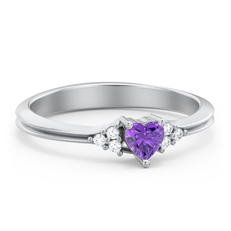 Birthstone Heart Ring with Shoulder Accents - Amethyst (February)