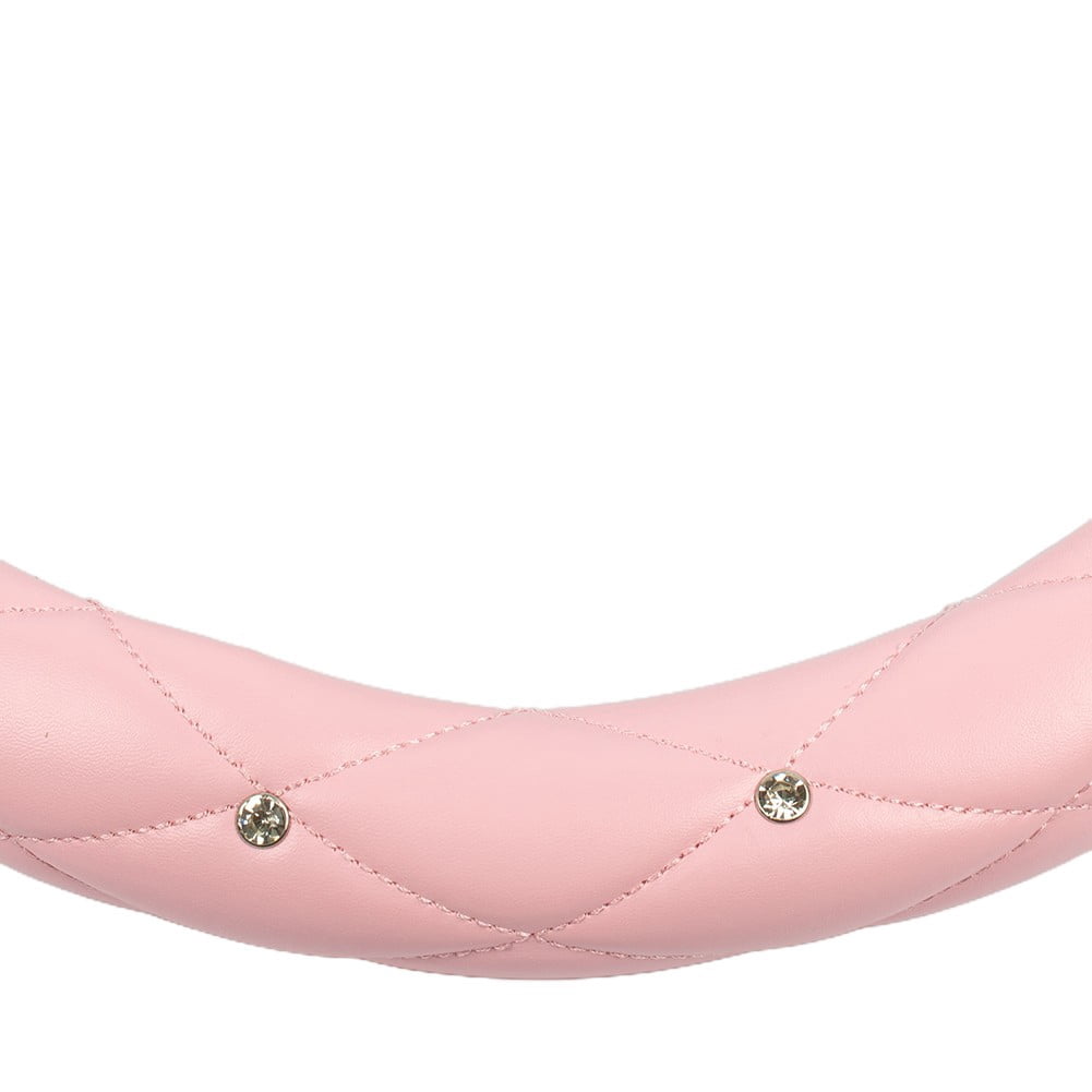 Pink Car Steering Wheel Cover 38cm/15Inch PU Leather Bling W/ Rhinestone Decor