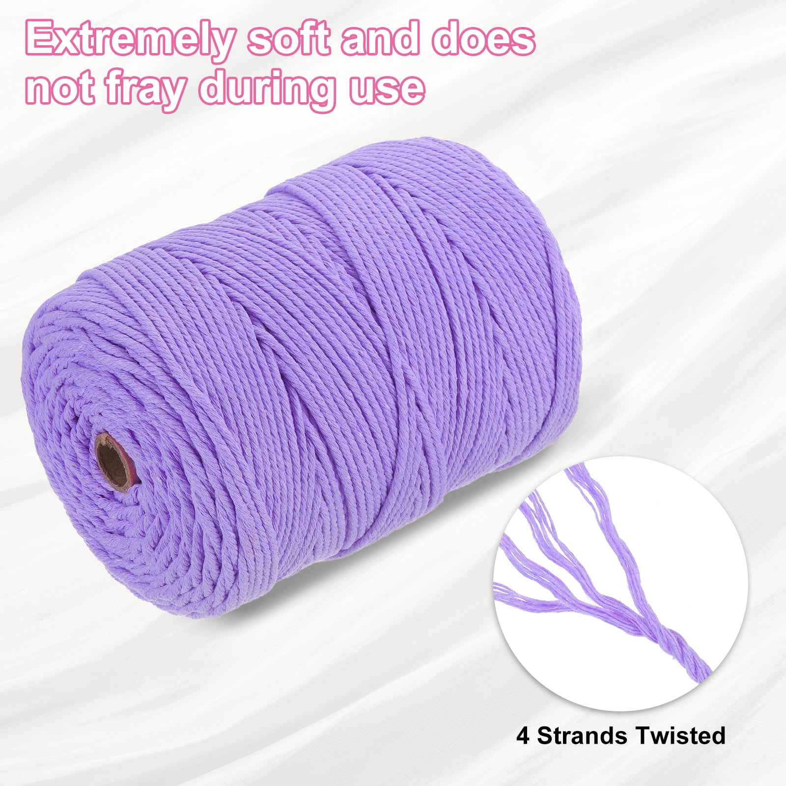Uxcell Natural Macrame Cord 3mm x 328 Yards 4 Strand Twisted Cotton Macrame Rope for DIY Knitting Plant Wall Hanger Dreamcatcher, Light Purple