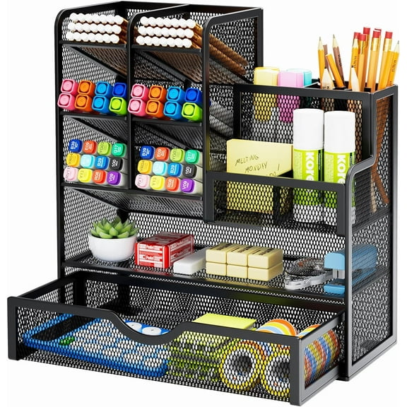 Mesh Pen Holder for Desk, Multi-Functional Pencil Organizer with Drawer, Desk Organizers and Accessories for Office Art Supplies (Large Black)