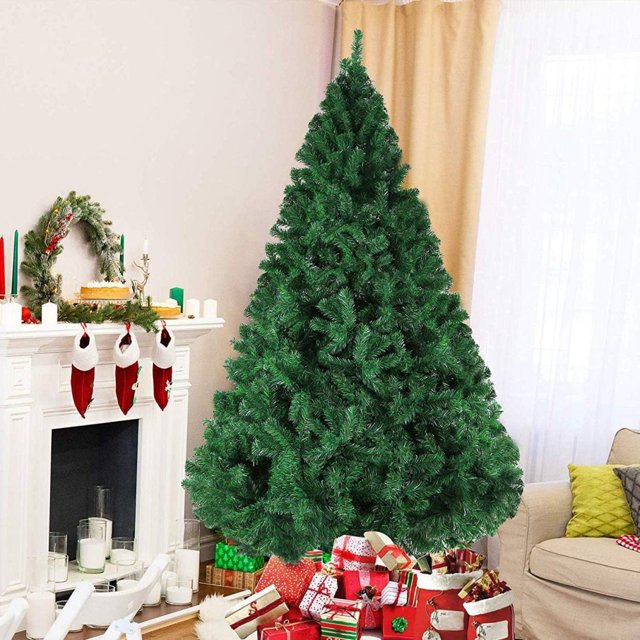 8 Ft High Christmas Tree 1500 Tips Decorate Pine Tree with Metal Legs Green, with Decorations