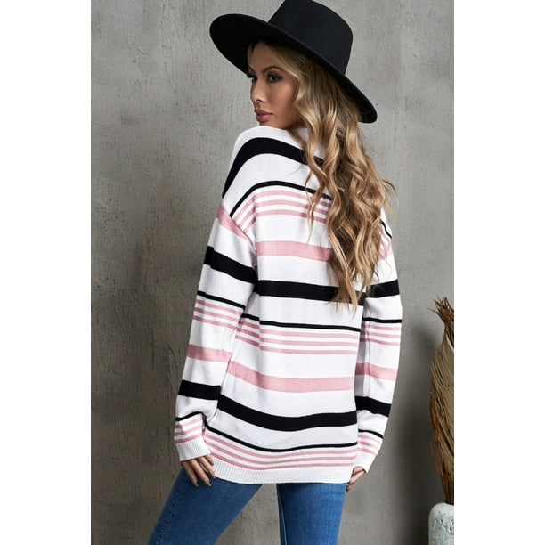 ABPHQTO Jersey De Mujer De Manga Larga Con Cuello Redondo A Rayas Rosa
