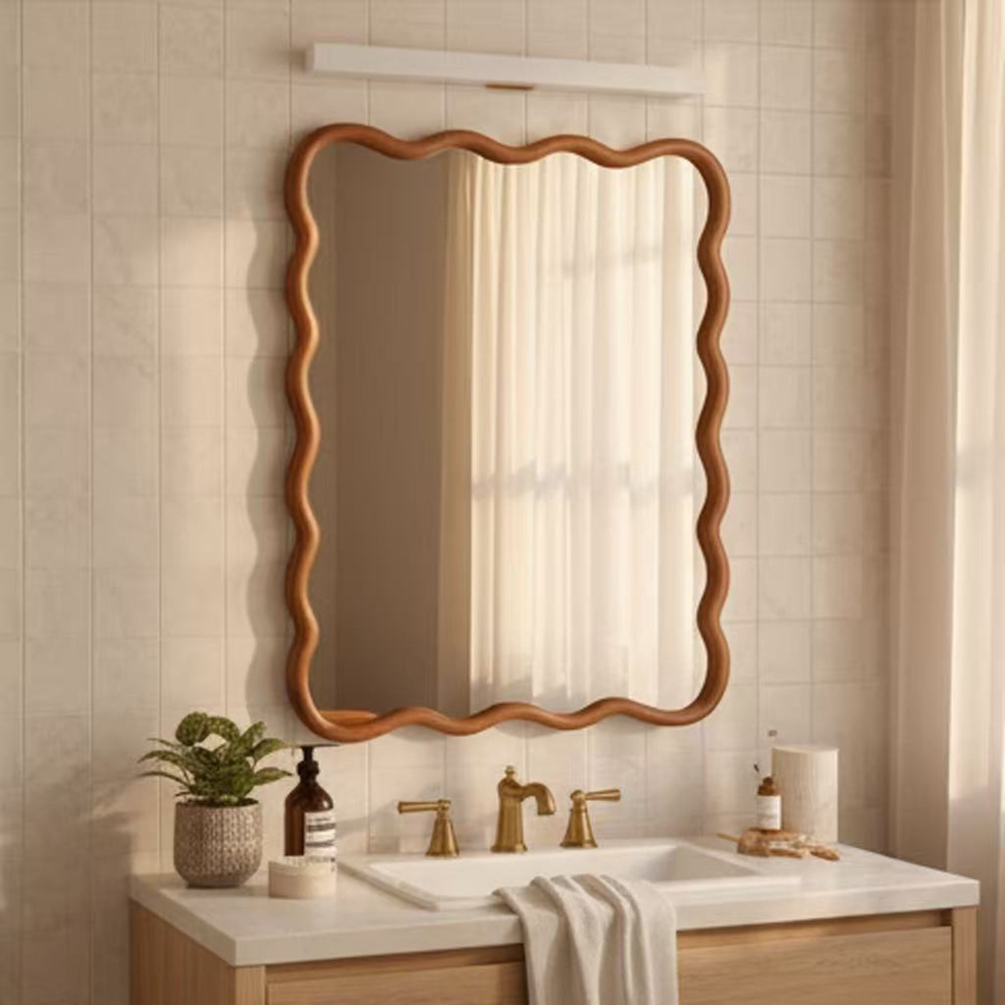 Leumius 30"x40" Wavy Rectangle Mirror, Solid Wood Frame Decorative Mirror for Bedroom Bathroom Living Room Entryway Brown
